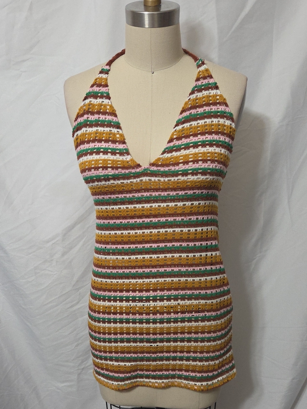 Striped Crochet Halter V-Neck Tank, Mustard, Pink & Green, Size Small, NEW W/Tag